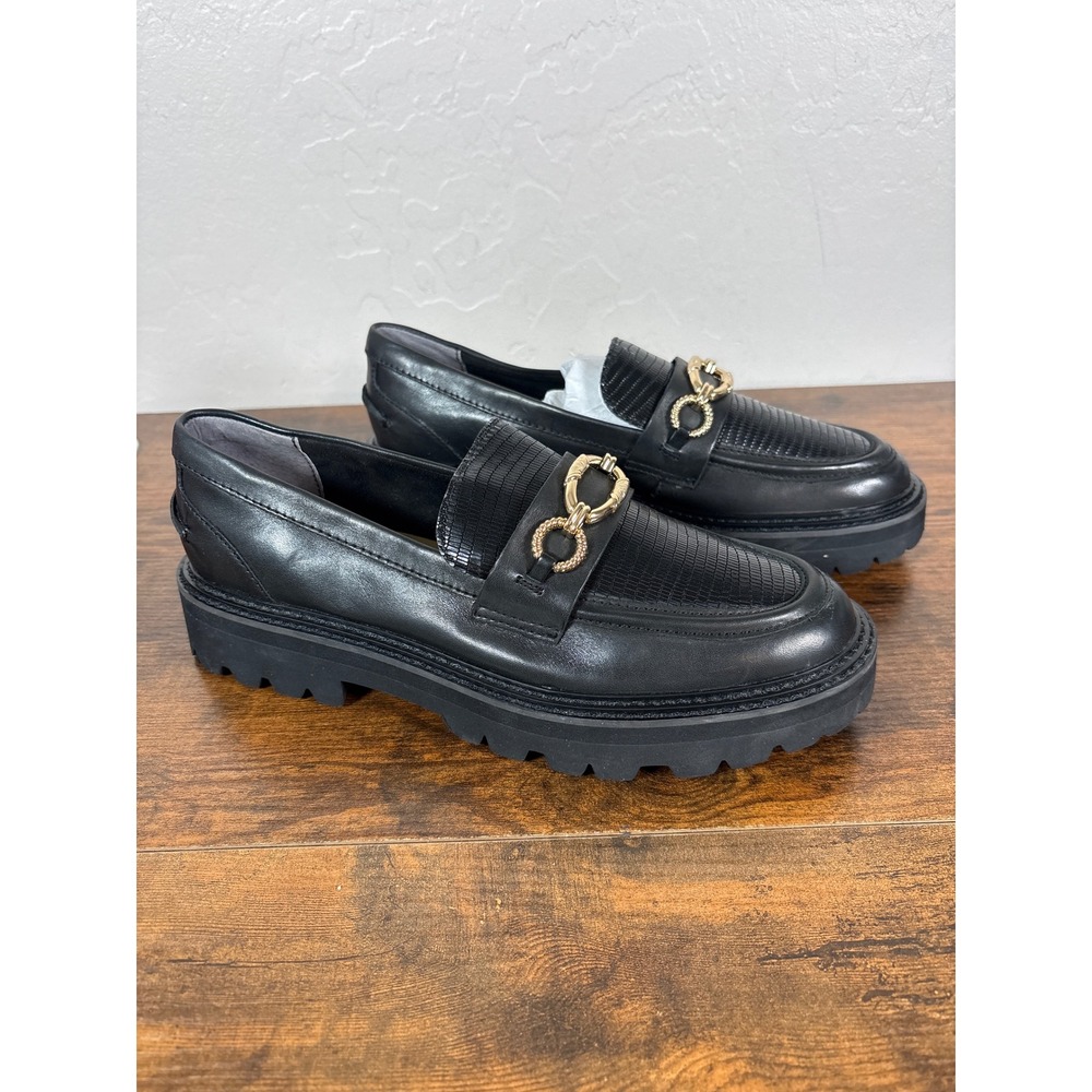 Dolce Vita Black Leather Chain Link Lug Sole Platform Loafers Womens Size 8.5